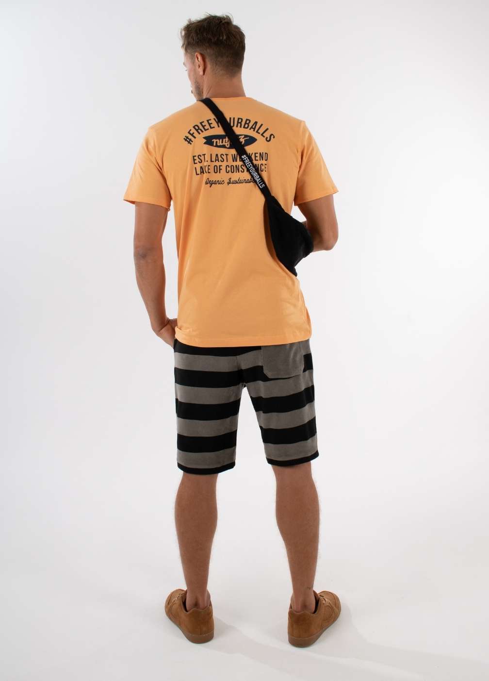 nuffinz SMOKEY OLIVE TOWEL SHORTS ST - whole outfit visible from the back - made out of organic terry cloth - sustainable men's shorts - olive grey striped