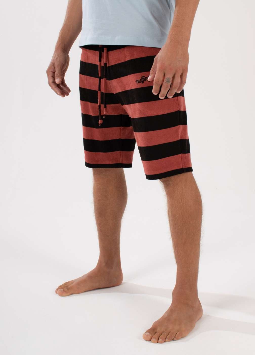 nuffinz striped shorts - TANDOORI SPICE TOWEL SHORTS ST - 100% organic cotton - terry cloth - comfortable shorts for men - closeup side / front